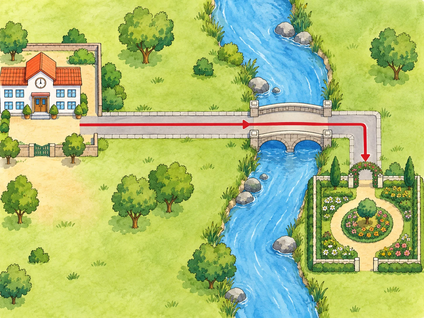 Planta com percurso da escola pela rua, atravessando ponte sobre rio e virando à direita para jardim.