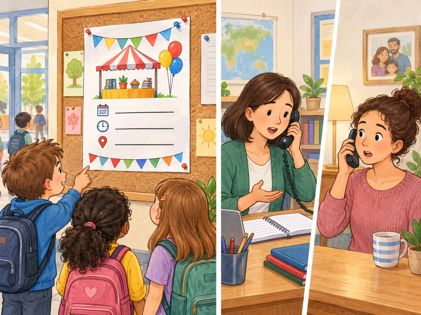 Aviso de feira num painel público e telefonema direto de uma professora a uma família.