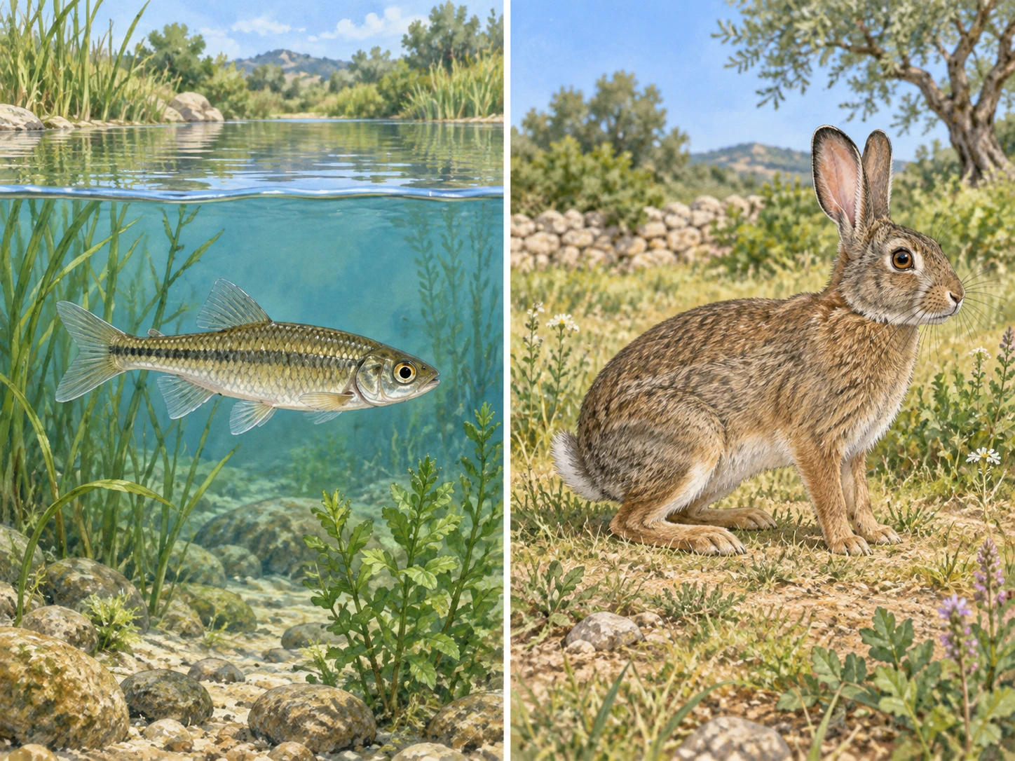 Dois painéis: à esquerda, um peixe com barbatanas nada sob a água de um lago; à direita, um animal semelhante a um coelho está sobre solo com ervas e mostra as patas.