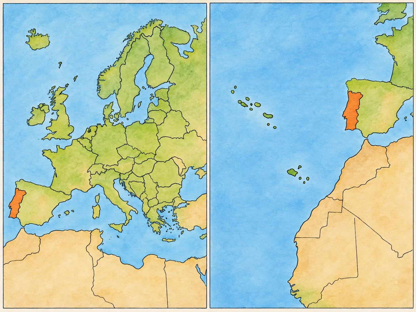Dois mapas didáticos: Portugal continental na Europa junto a Espanha, e continente, Açores e Madeira no Atlântico.