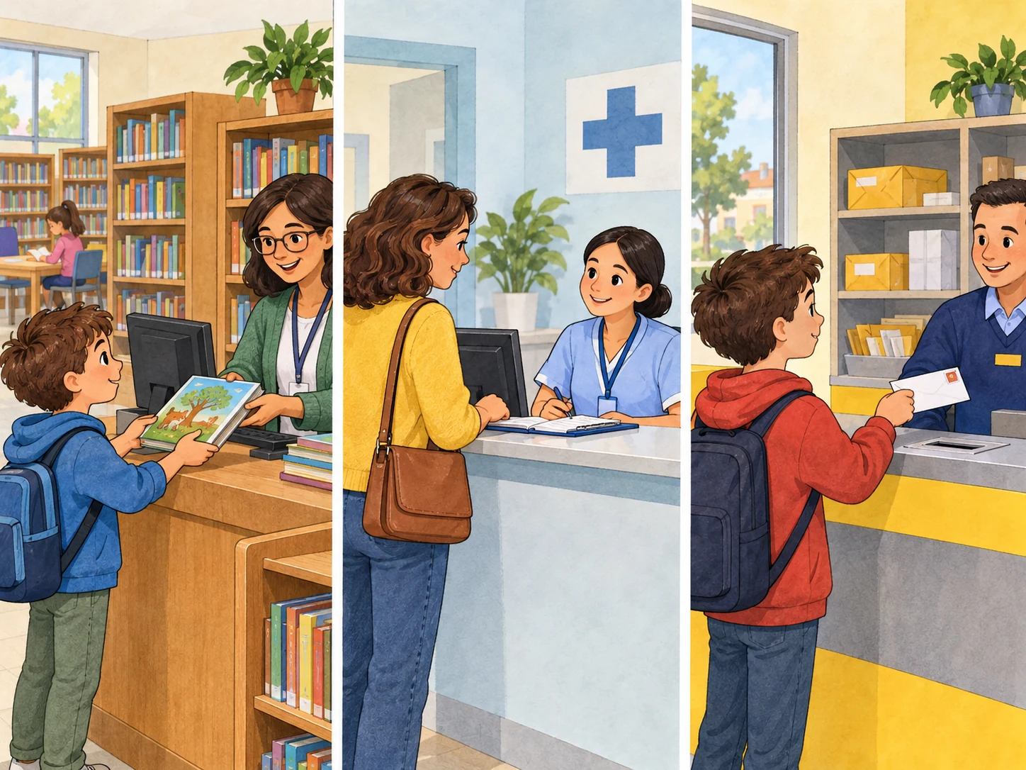 Empréstimo de livro numa biblioteca, marcação de consulta num centro de saúde e envio de carta nos correios.