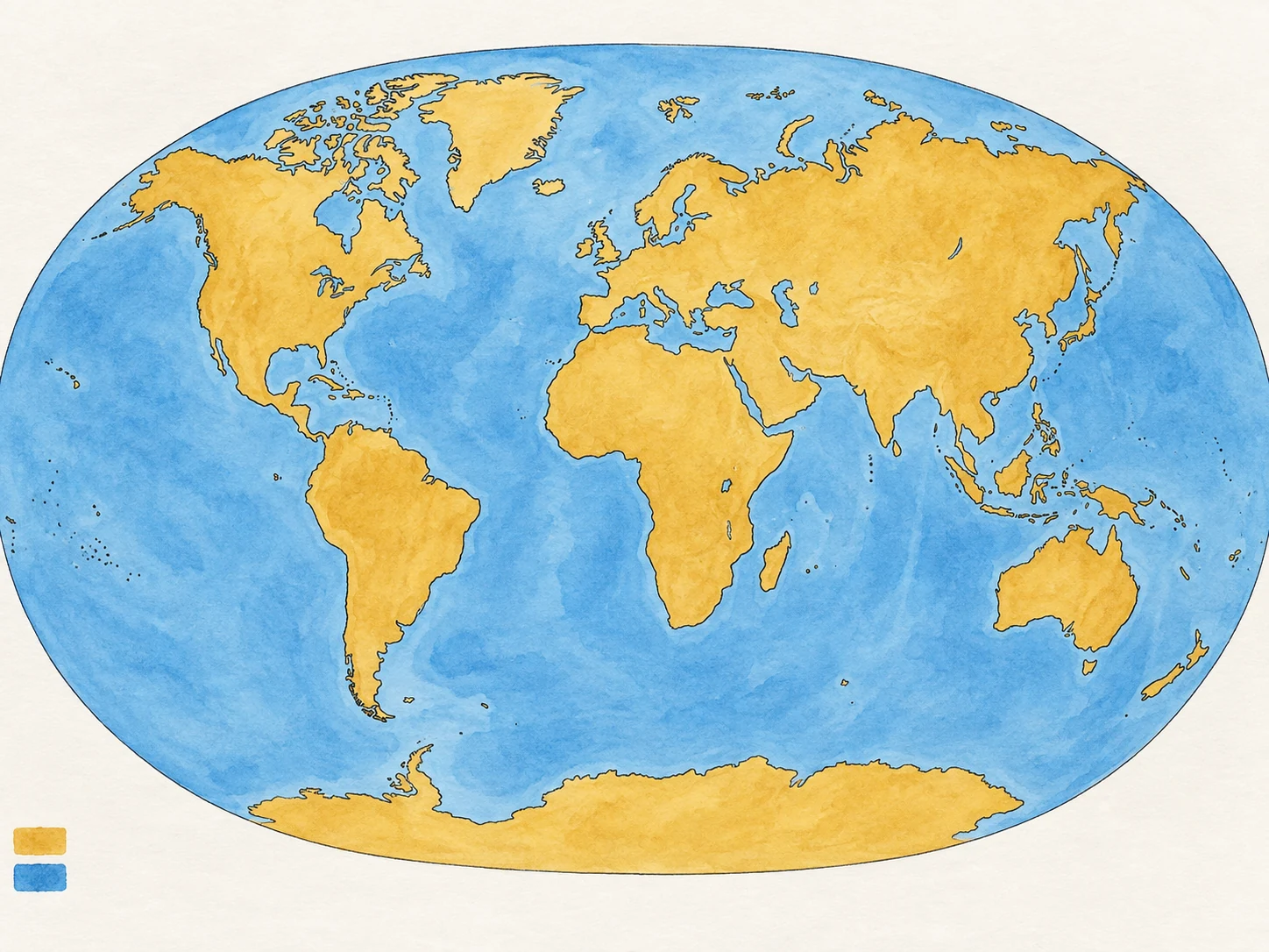 Planisfério esquemático com continentes em ocre e oceanos em azul.