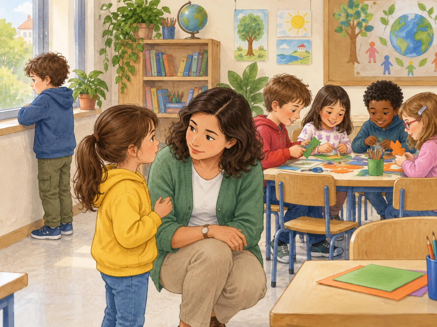 Uma criança fica de fora de atividade enquanto outra fala discretamente com a professora.