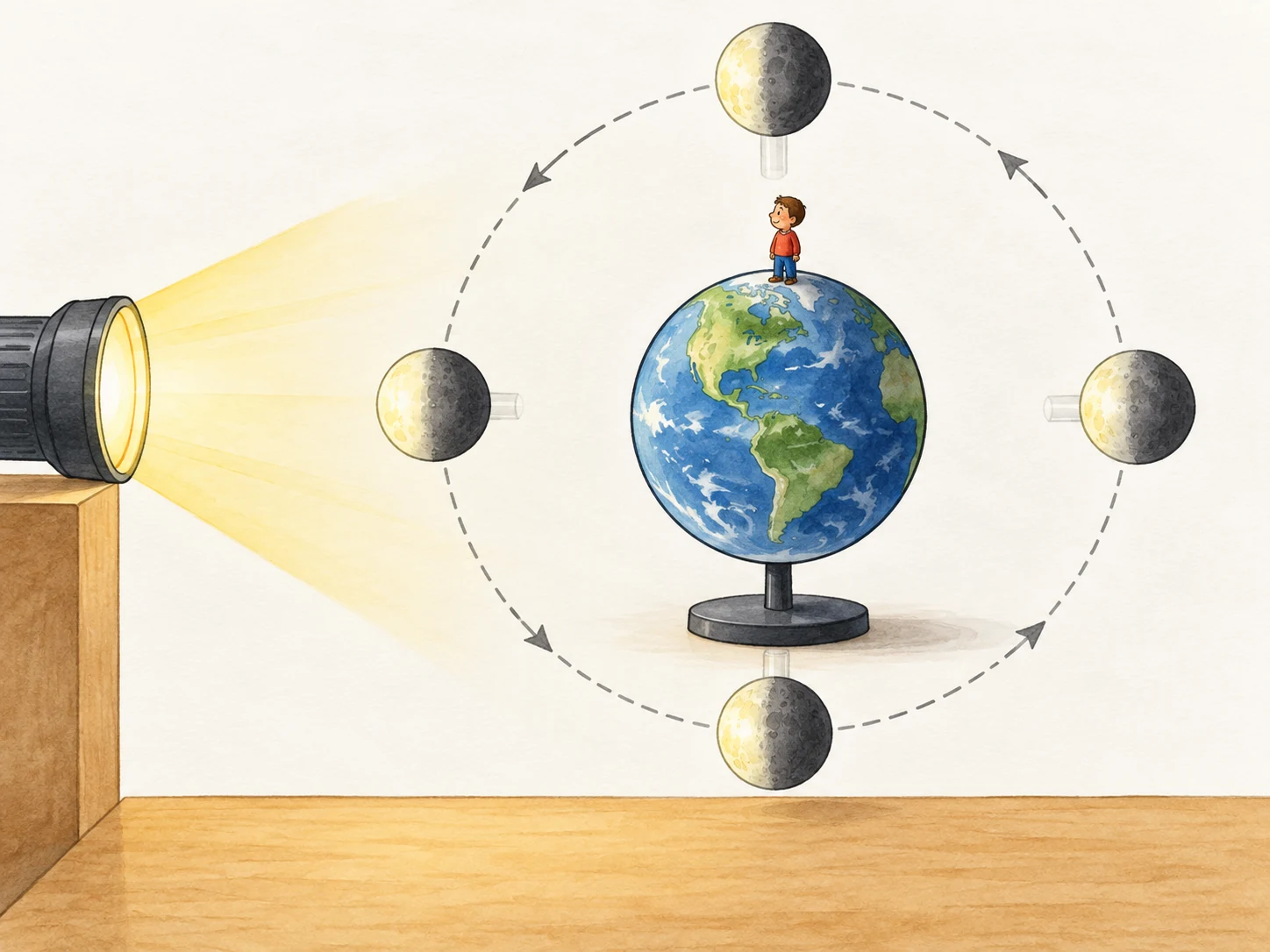 Modelo com lanterna fixa à esquerda, bola-Terra ao centro e bola-Lua em quatro posições, sempre iluminada do lado da lanterna.