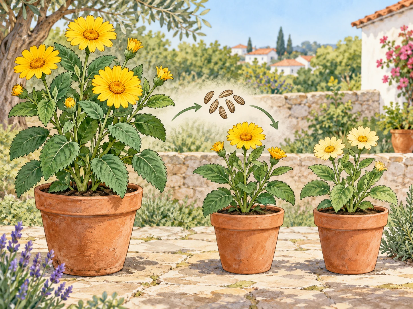 Planta com flores amarelas e duas descendentes de folhas semelhantes, uma com flores amarelas e outra com tom mais claro.