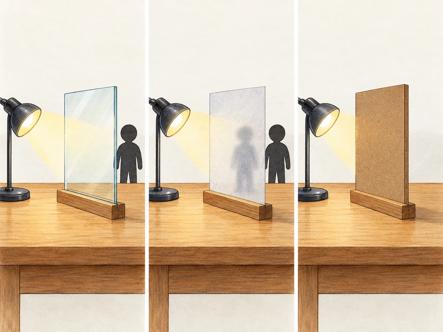 Lâmpada, figura e três placas: vidro transparente, papel vegetal translúcido e cartolina opaca.