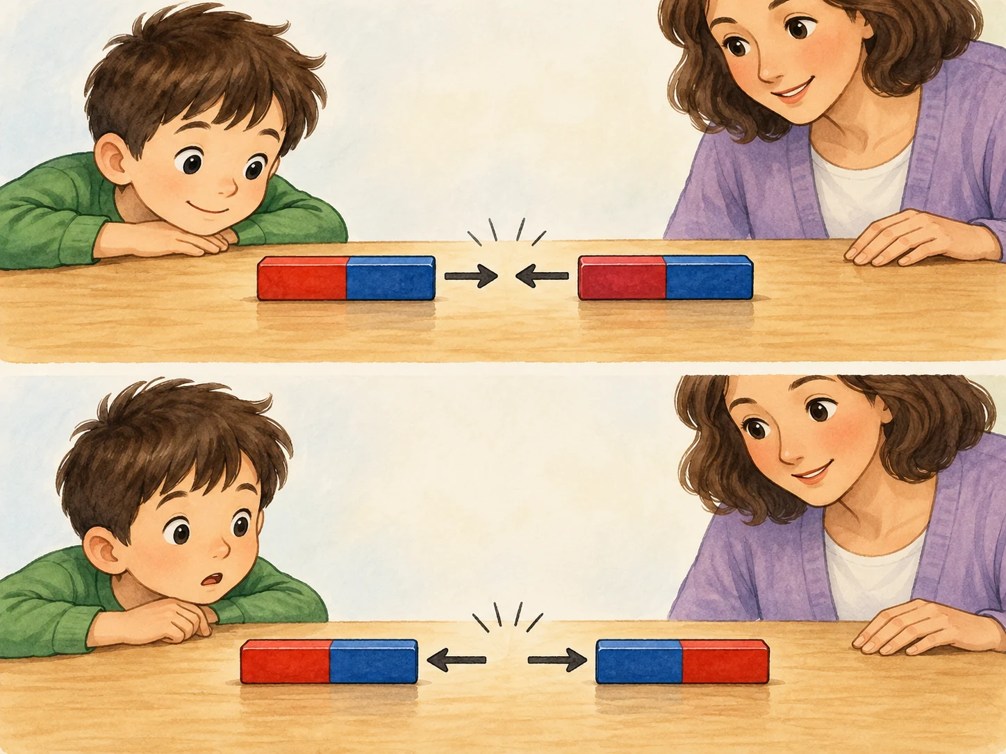 Duas posições de magnetes de barra: polos opostos aproximam-se e polos iguais afastam-se.