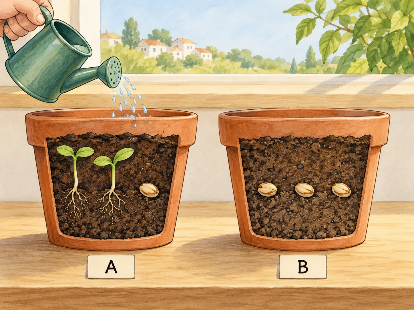 Vaso A regado com duas sementes germinadas de três; vaso B sem rega com nenhuma germinada.