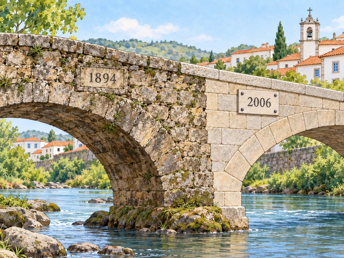 Ponte com placa de construção 1894 na pedra antiga e placa de restauro 2006 na parte renovada.