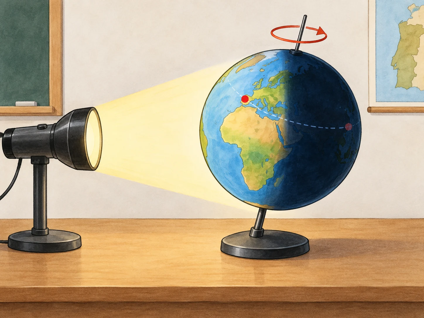 Lanterna fixa ilumina metade de globo em rotação; marca passa do lado iluminado para o escuro.