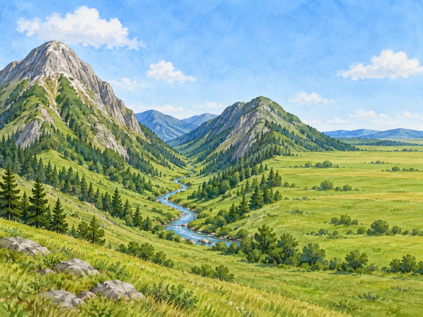 Paisagem imaginada com montanha alta à esquerda, vale entre elevações com um curso de água sinuoso e planície ampla e pouco acidentada à direita.