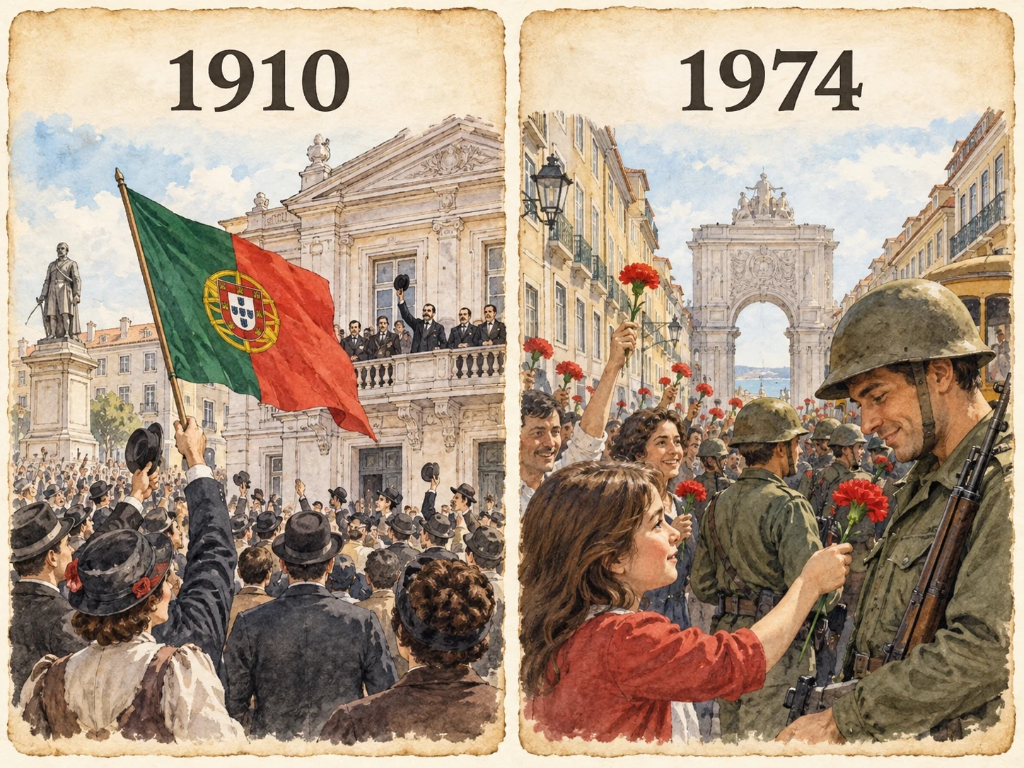 Dois cartões históricos: 1910 com implantação da República e 1974 com cravos na revolução.