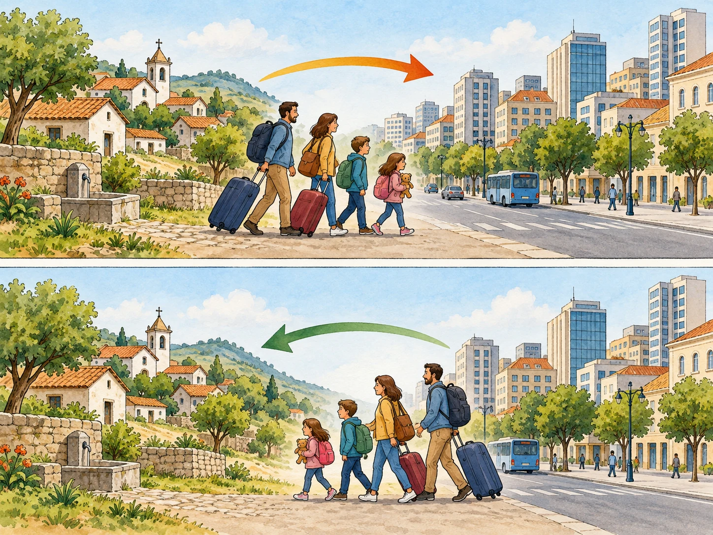 Família sai de povoação para cidade e mais tarde regressa à mesma povoação.