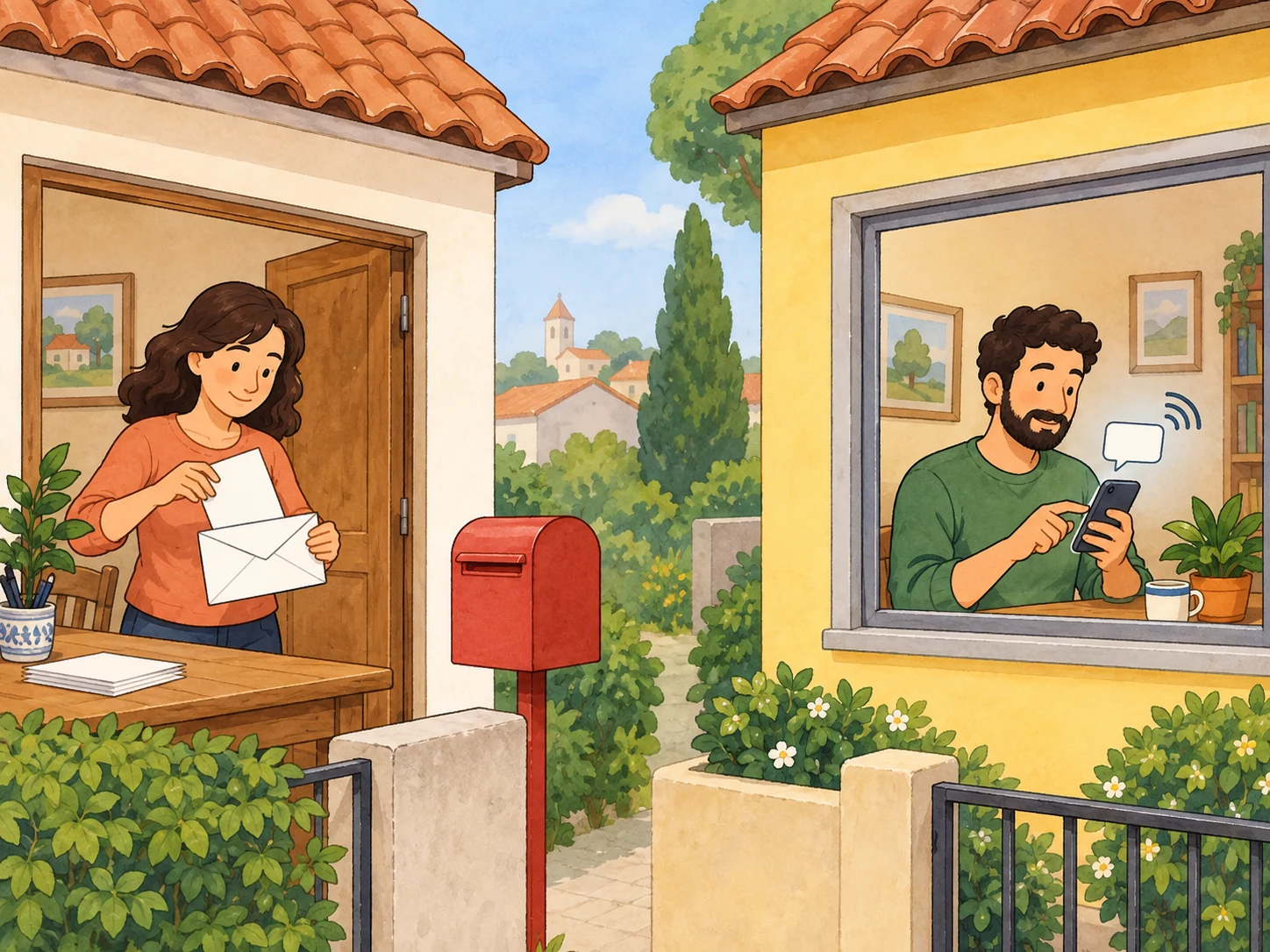 Numa casa prepara-se uma carta em papel; noutra envia-se mensagem sem conteúdo visível por telemóvel.