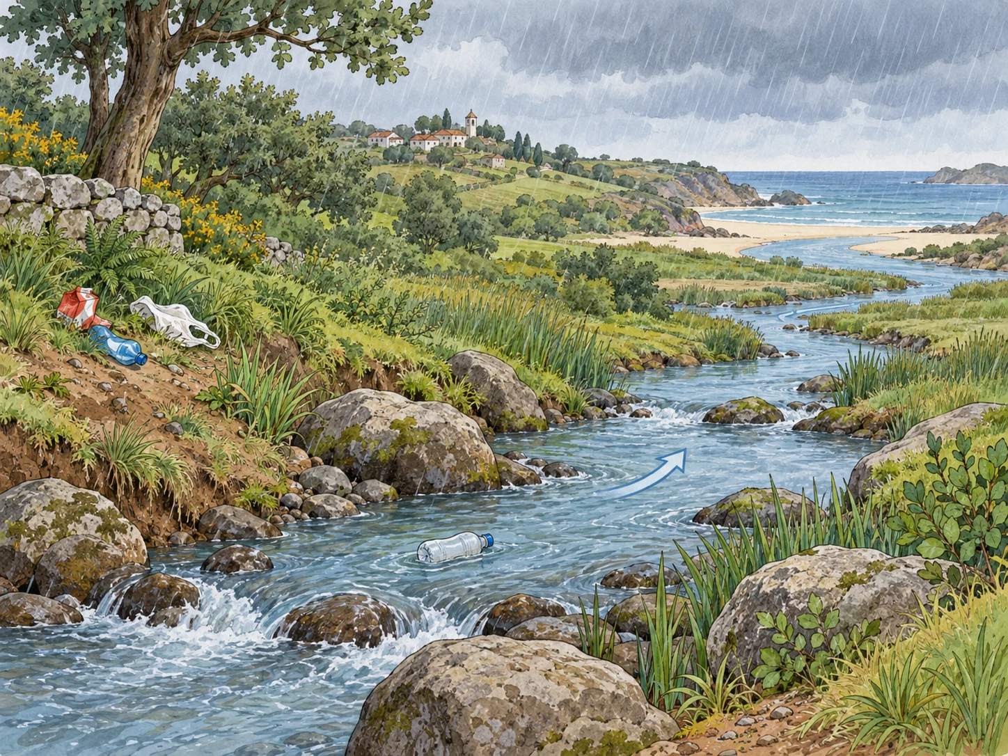 Embalagens na margem de ribeiro sob chuva; uma embalagem flutua no ribeiro antes de chegar ao mar.