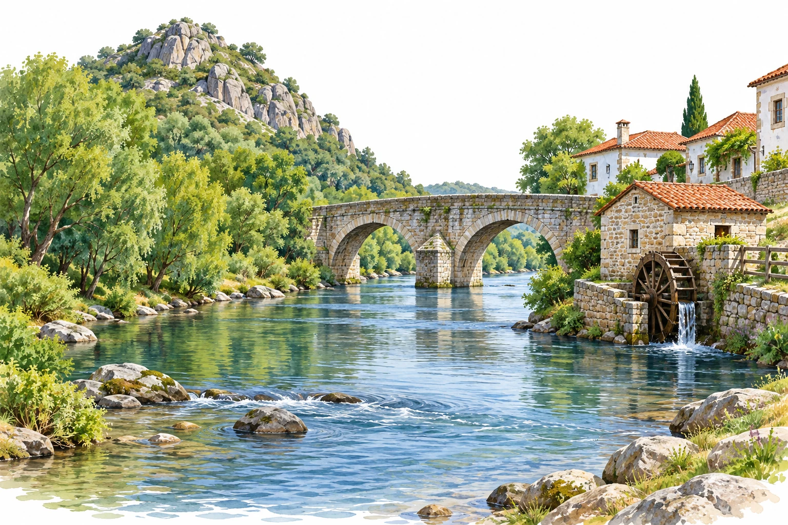 Paisagem com rio, árvores e colina, além de uma ponte de pedra e um moinho construídos por pessoas.
