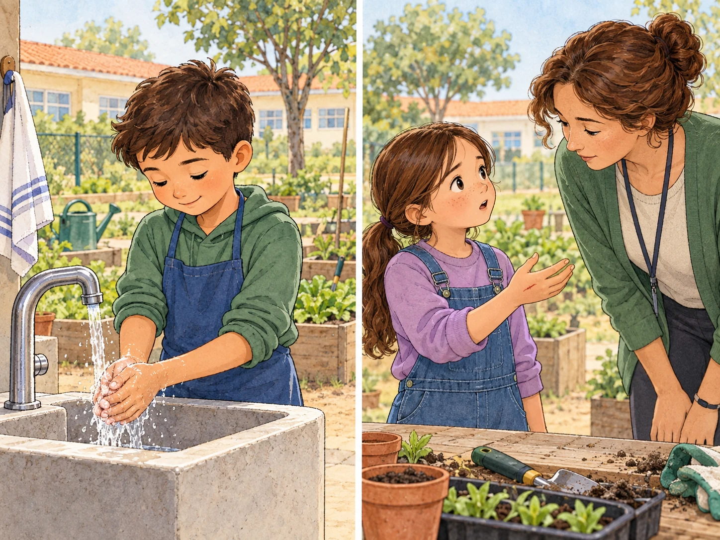 Criança lava as mãos após jardinagem; outra mostra pequena ferida à professora.