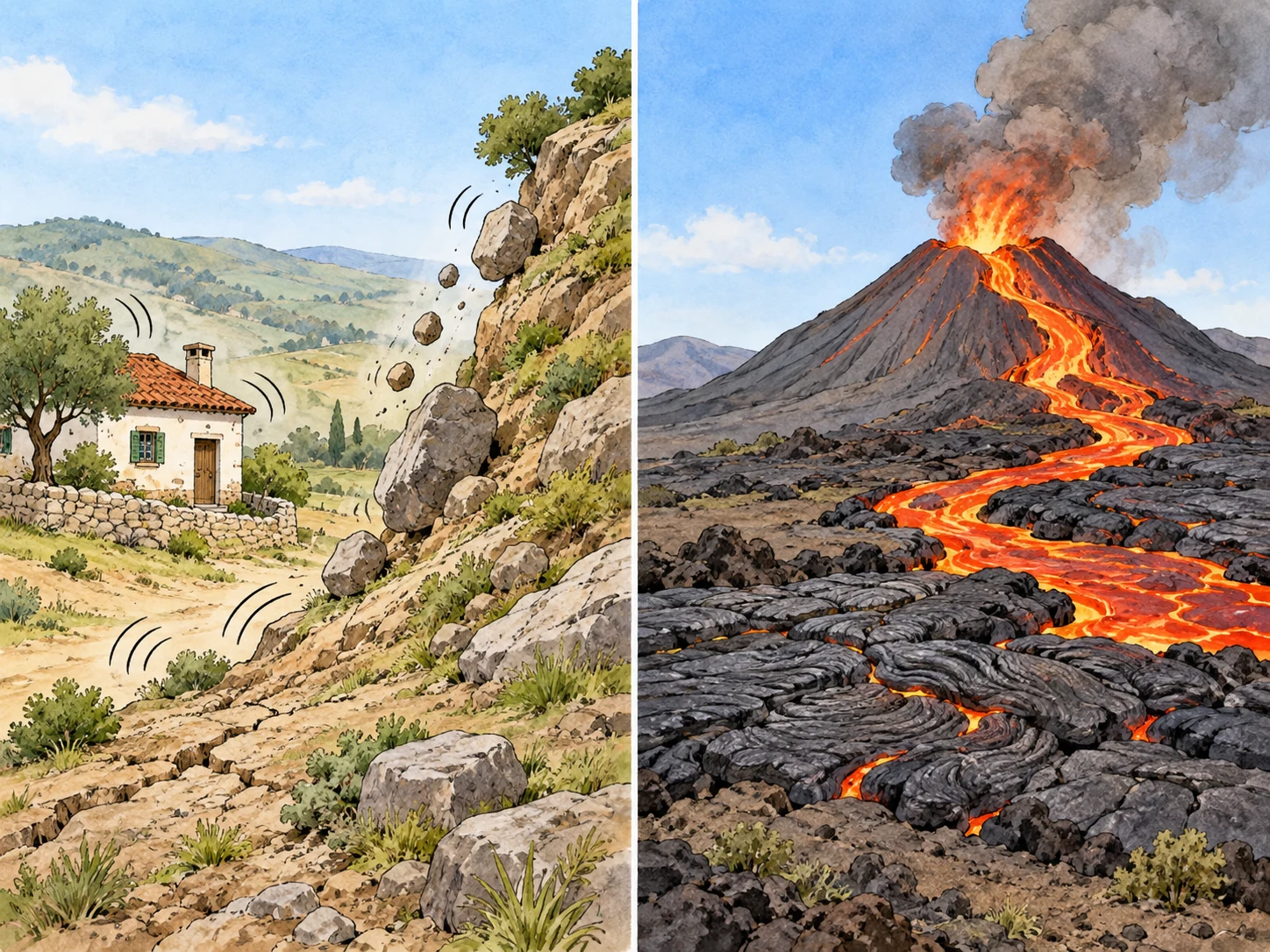 Abalo do solo desloca pequenas pedras; lava sai de um vulcão e forma rocha.