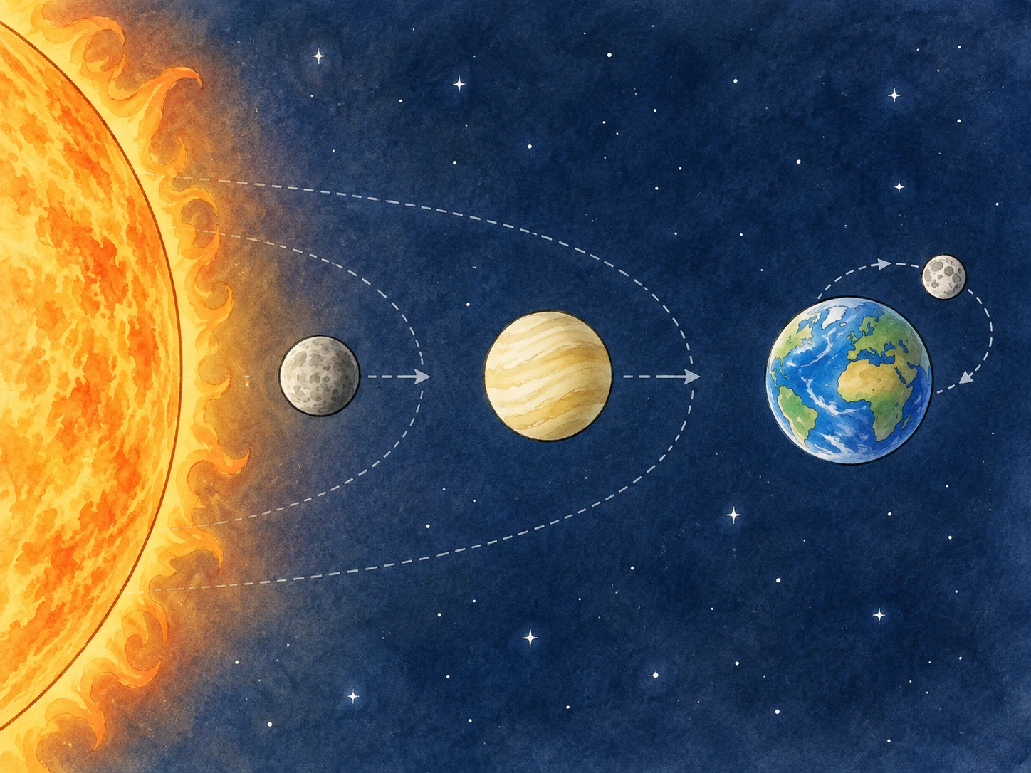Sol seguido de Mercúrio, Vénus e Terra; Lua mostrada como satélite da Terra, sem escala.