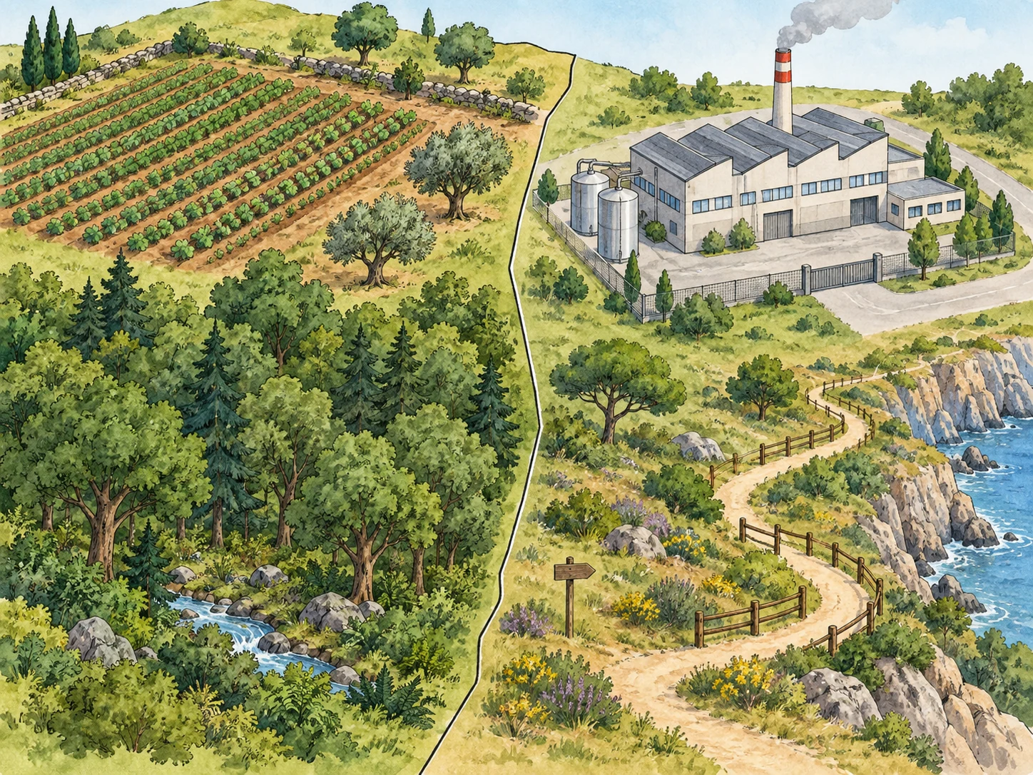 Zona A com campo cultivado e floresta; zona B com fábrica e percurso turístico.