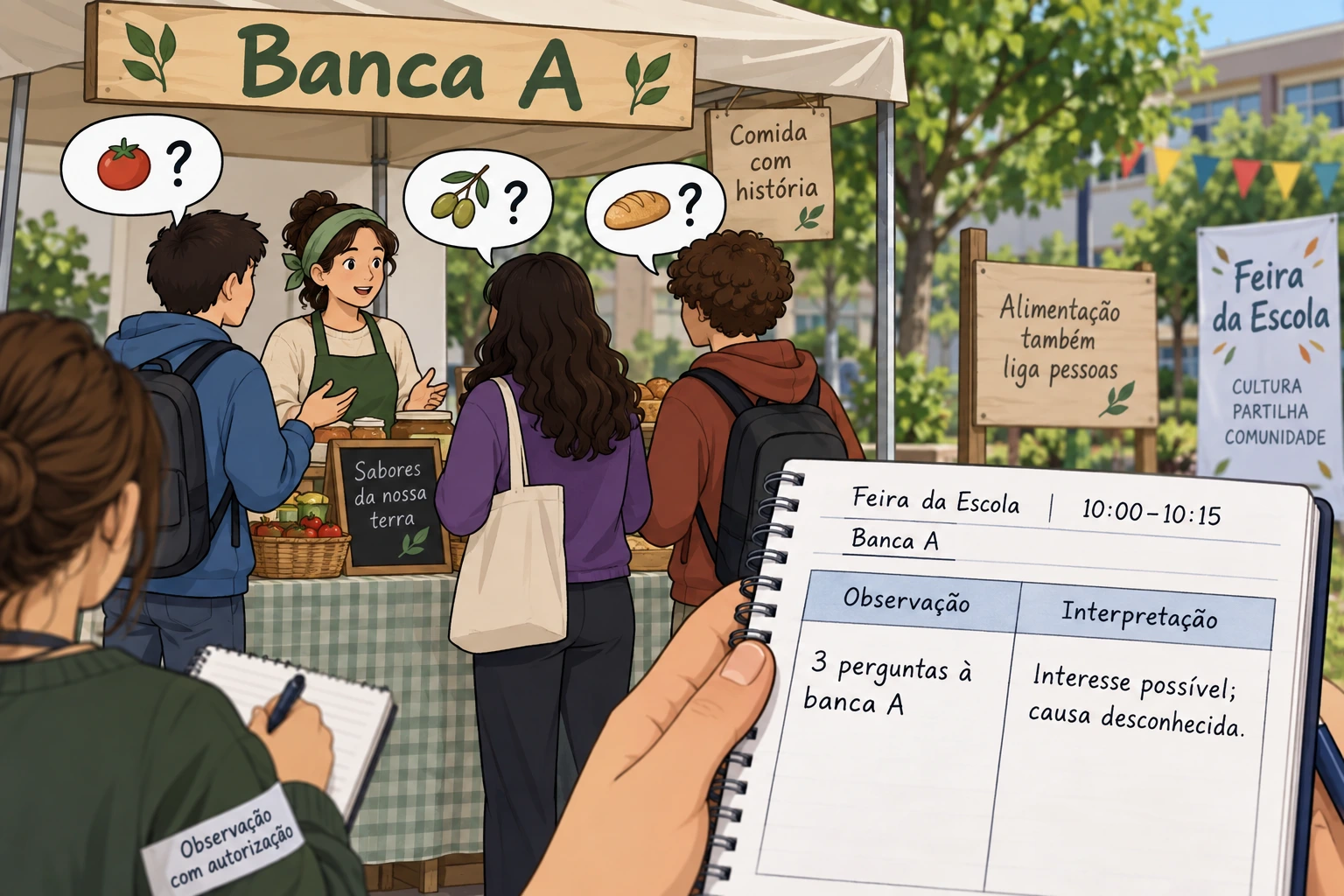 Na feira escolar, três visitantes fazem perguntas à banca A entre 10:00 e 10:15; o diário separa esse registo de uma interpretação ainda provisória.