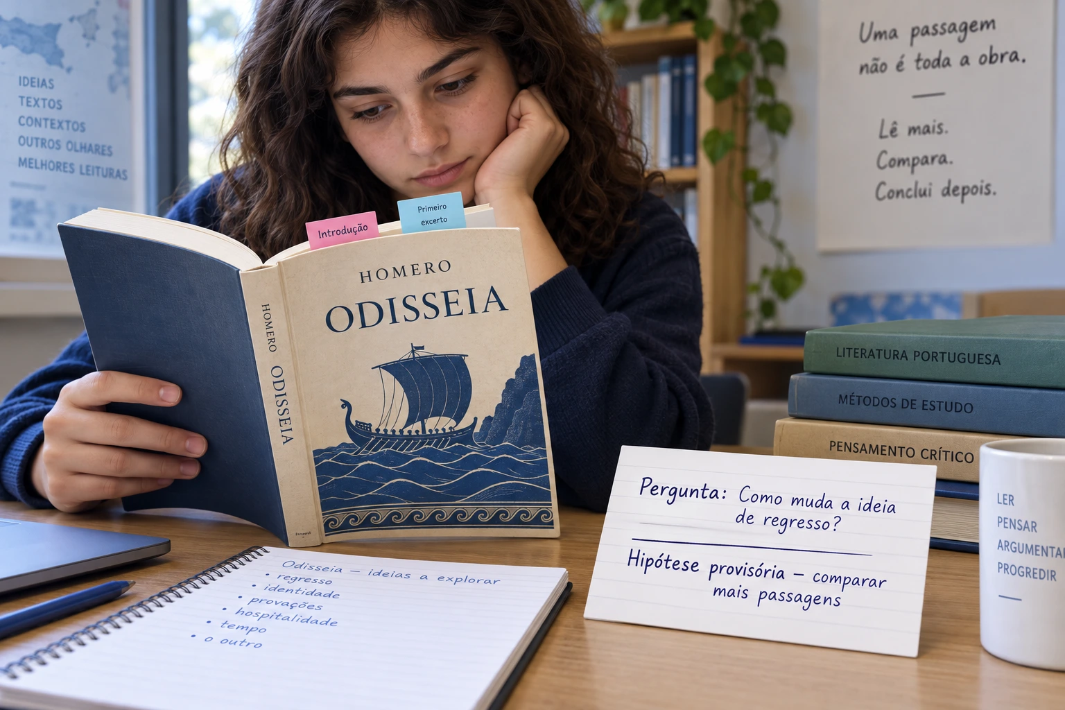 Uma aluna lê a introdução e o primeiro excerto de uma edição identificada da Odisseia e anota uma pergunta sobre a ideia de regresso com hipótese provisória.