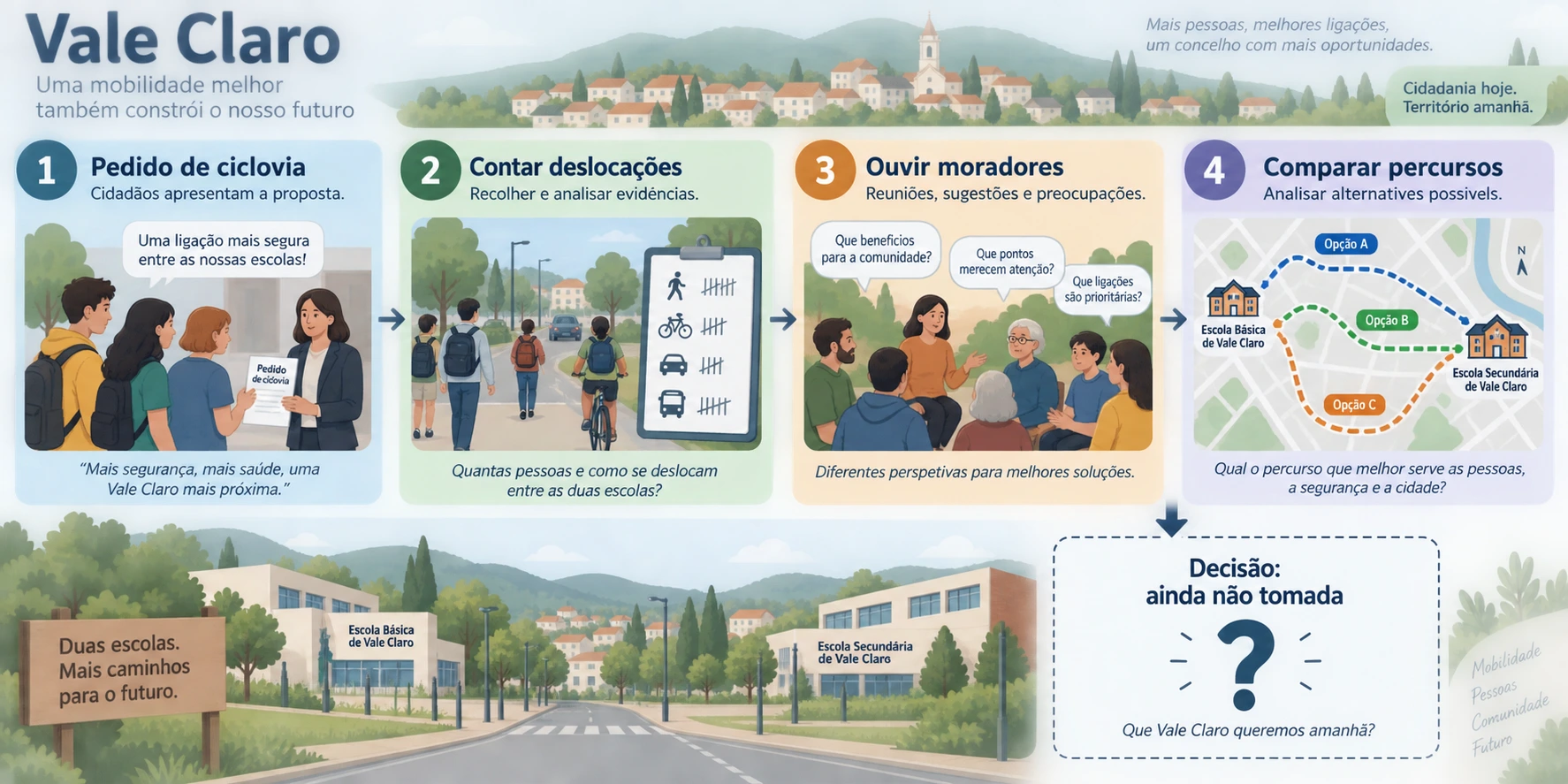 Em Vale Claro, um pedido de ciclovia entre duas escolas leva a contar deslocações, ouvir moradores e comparar percursos; a decisão ainda não foi tomada.