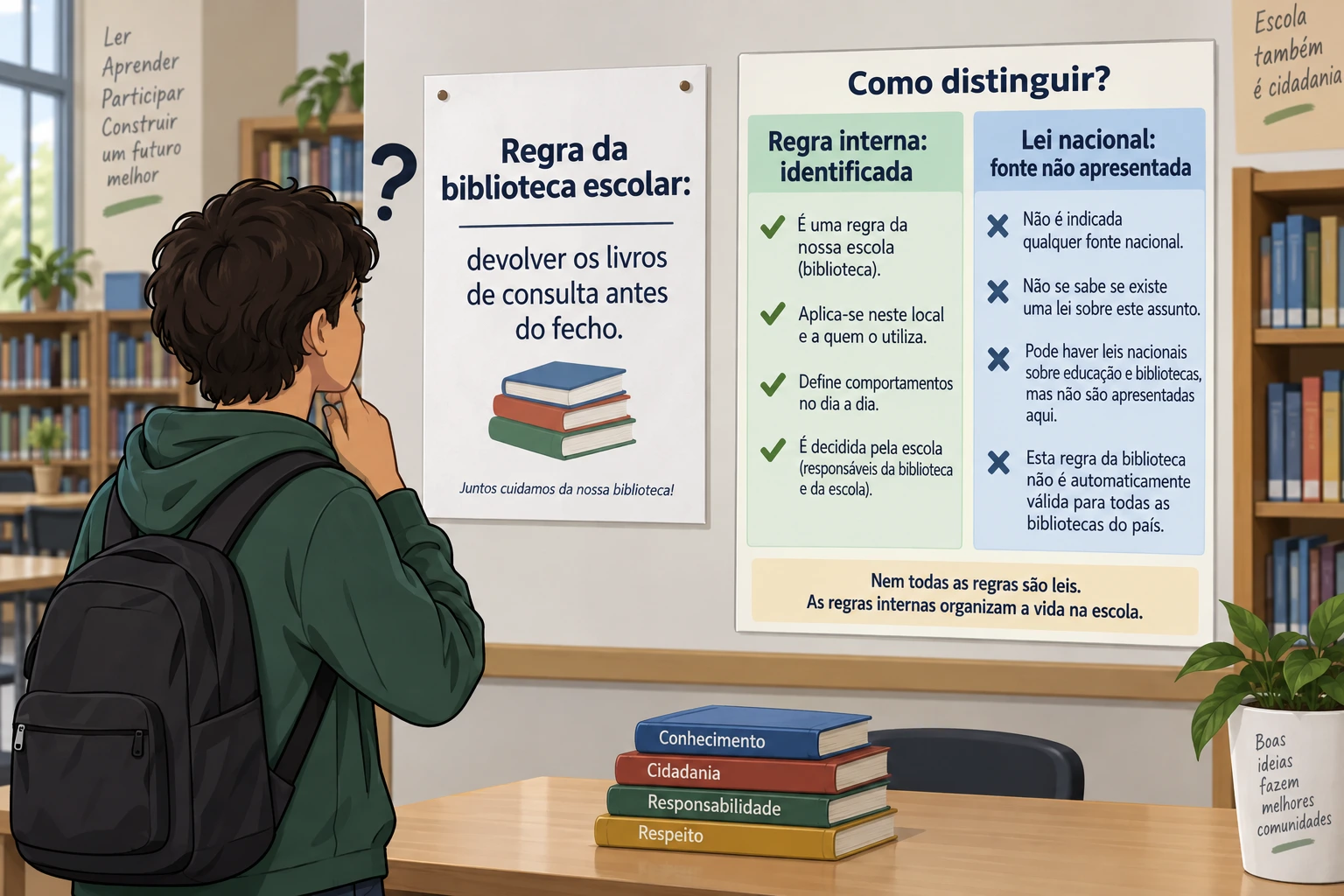 Um aviso da biblioteca escolar exige devolver livros de consulta antes do fecho; o quadro distingue regra interna identificada de lei nacional sem fonte apresentada.