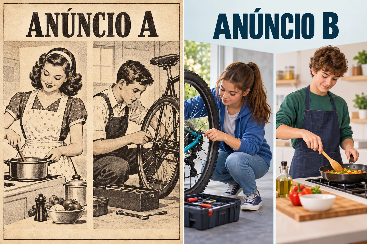 Dois anúncios fictícios: A, de aparência antiga, mostra uma rapariga a cozinhar e um rapaz a reparar uma bicicleta; B, de aparência recente, mostra uma rapariga a reparar a bicicleta e um rapaz a cozinhar.