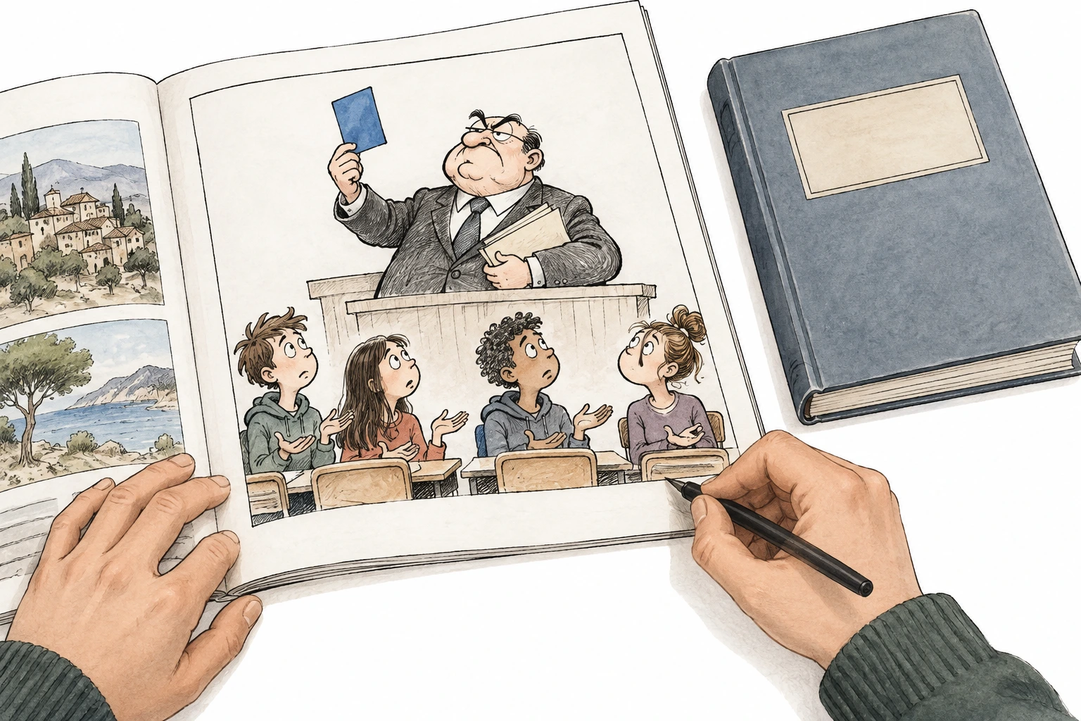 Mão desenha numa revista uma caricatura de um dirigente com um único cartão de fala perante estudantes.