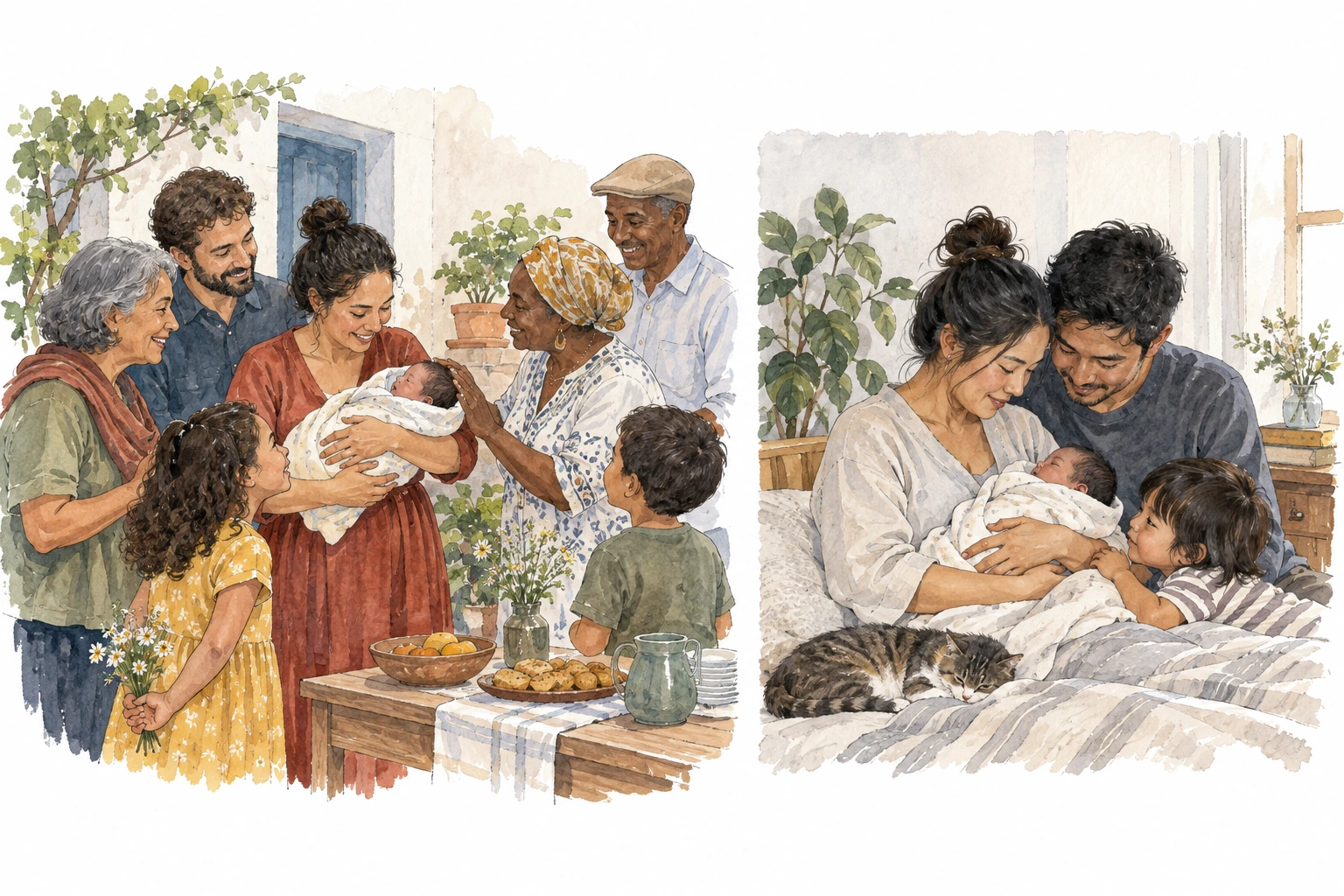 Duas famílias celebram a chegada de um bebé: uma com vizinhos, outra numa reunião privada.