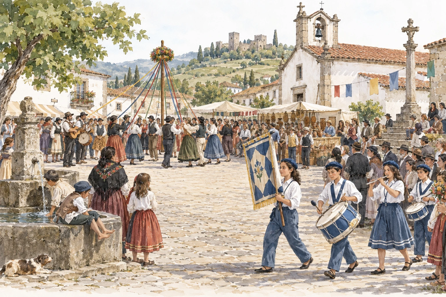 Festa comunitária com encontro tradicional ao fundo e um desfile recente em primeiro plano.