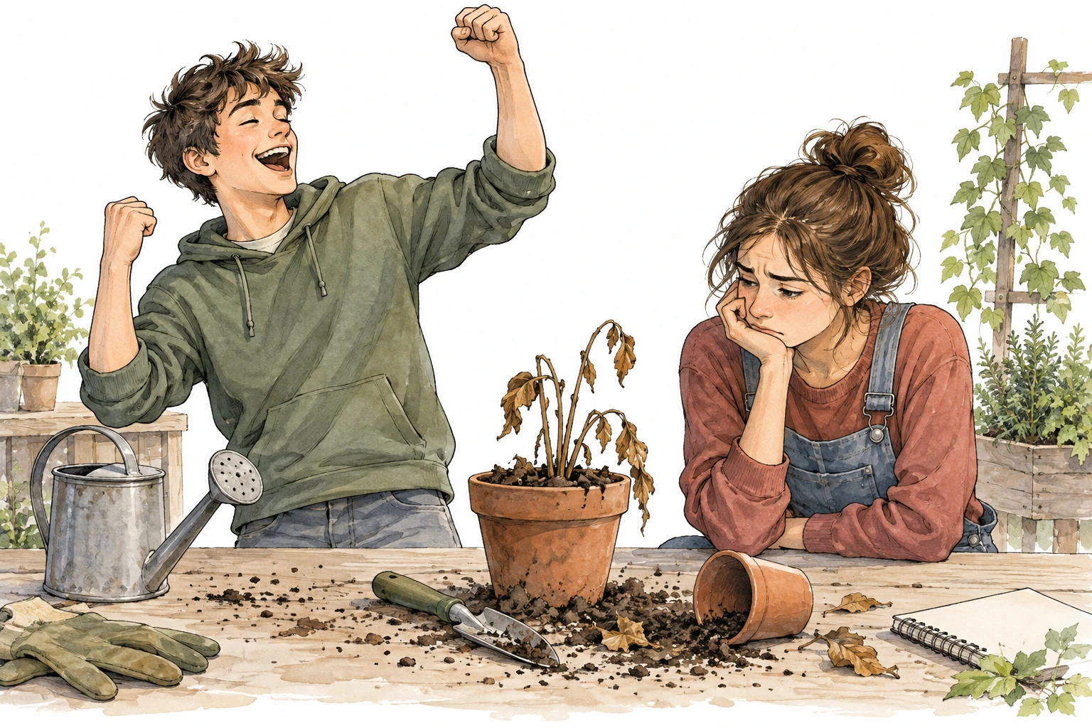 Rapaz comemora diante de uma planta murcha enquanto outra pessoa observa contrariada.