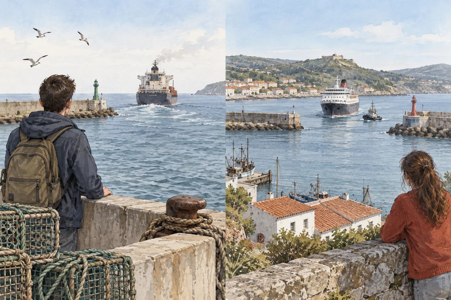 Dois observadores contemplam embarcações no mesmo porto a partir de lugares diferentes.