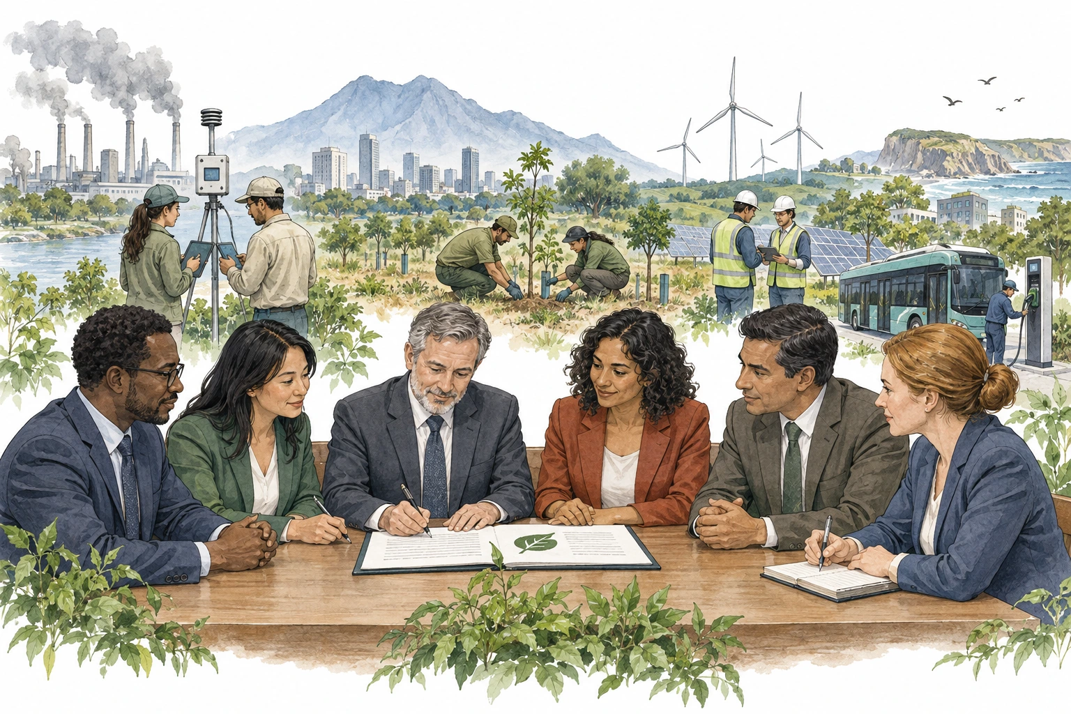 Representantes conversam sobre ambiente diante de cenas de poluição, medição e energia renovável.