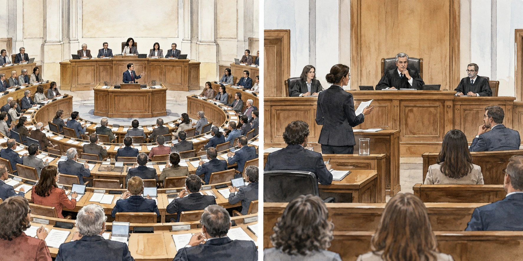 Dois painéis mostram uma assembleia em sessão e um tribunal em audiência.