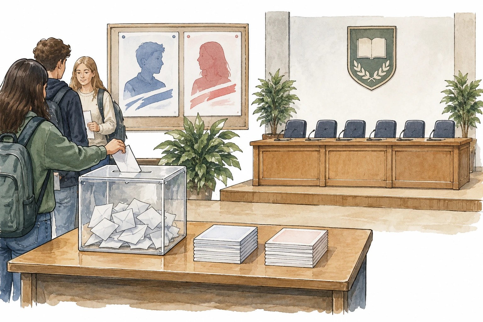 Estudantes depositam votos numa urna perante duas candidaturas ilustradas num painel.