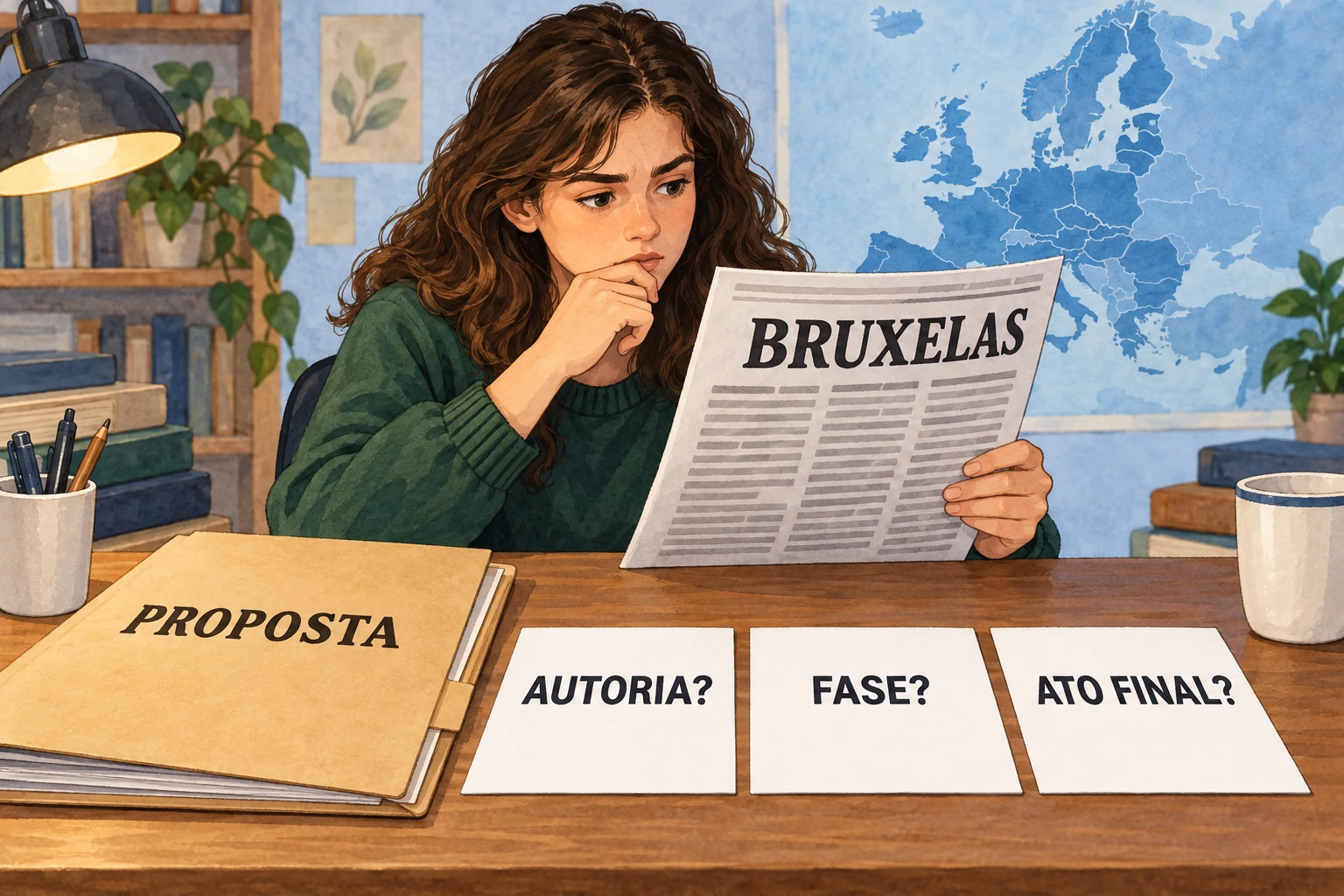 Estudante lê recorte «BRUXELAS» junto de uma pasta «PROPOSTA» e três cartões vazios: «AUTORIA?», «FASE?» e «ATO FINAL?».