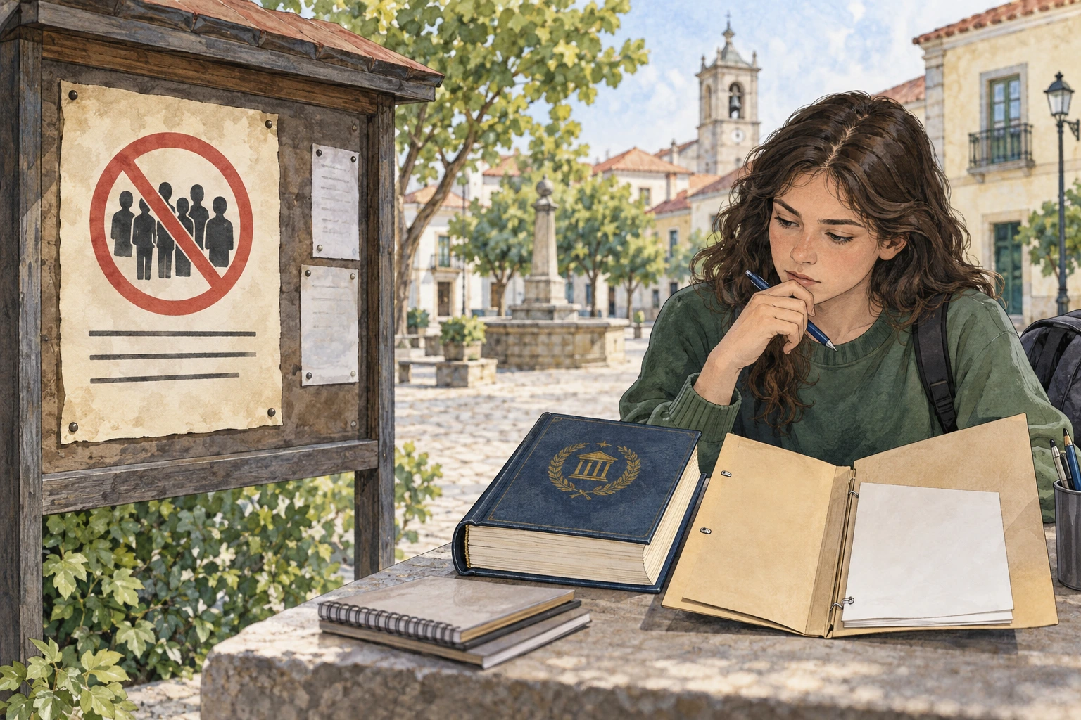 Aviso público restritivo ao lado de um livro constitucional e de uma pasta de documentos em branco.