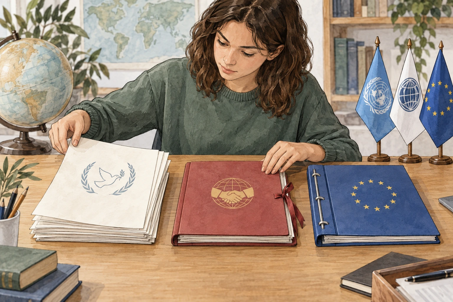 Estudante organiza três dossiês de documentos internacionais e europeus sobre uma mesa.