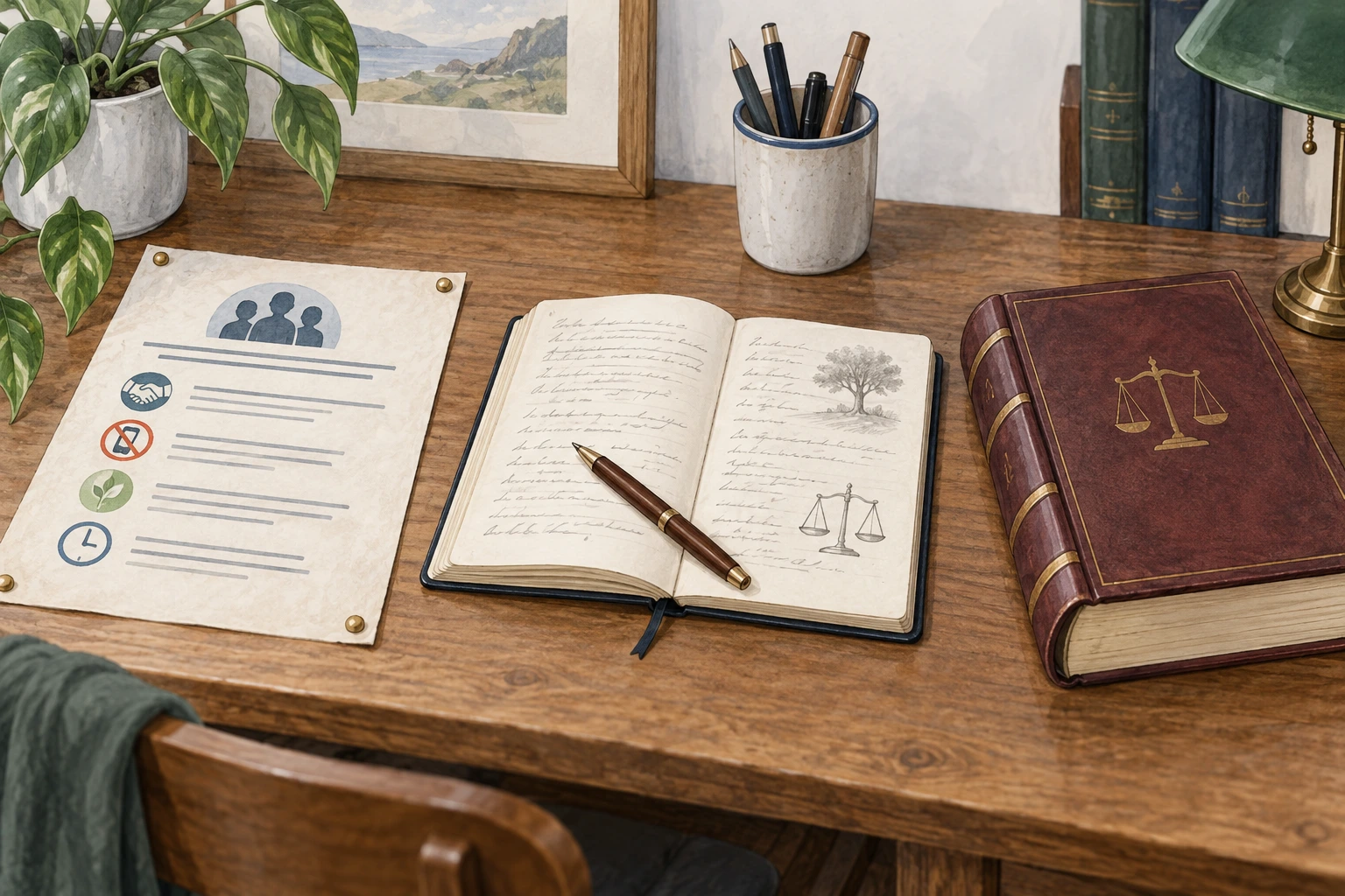 Sobre a mesa há um aviso coletivo, um caderno pessoal e um livro jurídico encadernado.