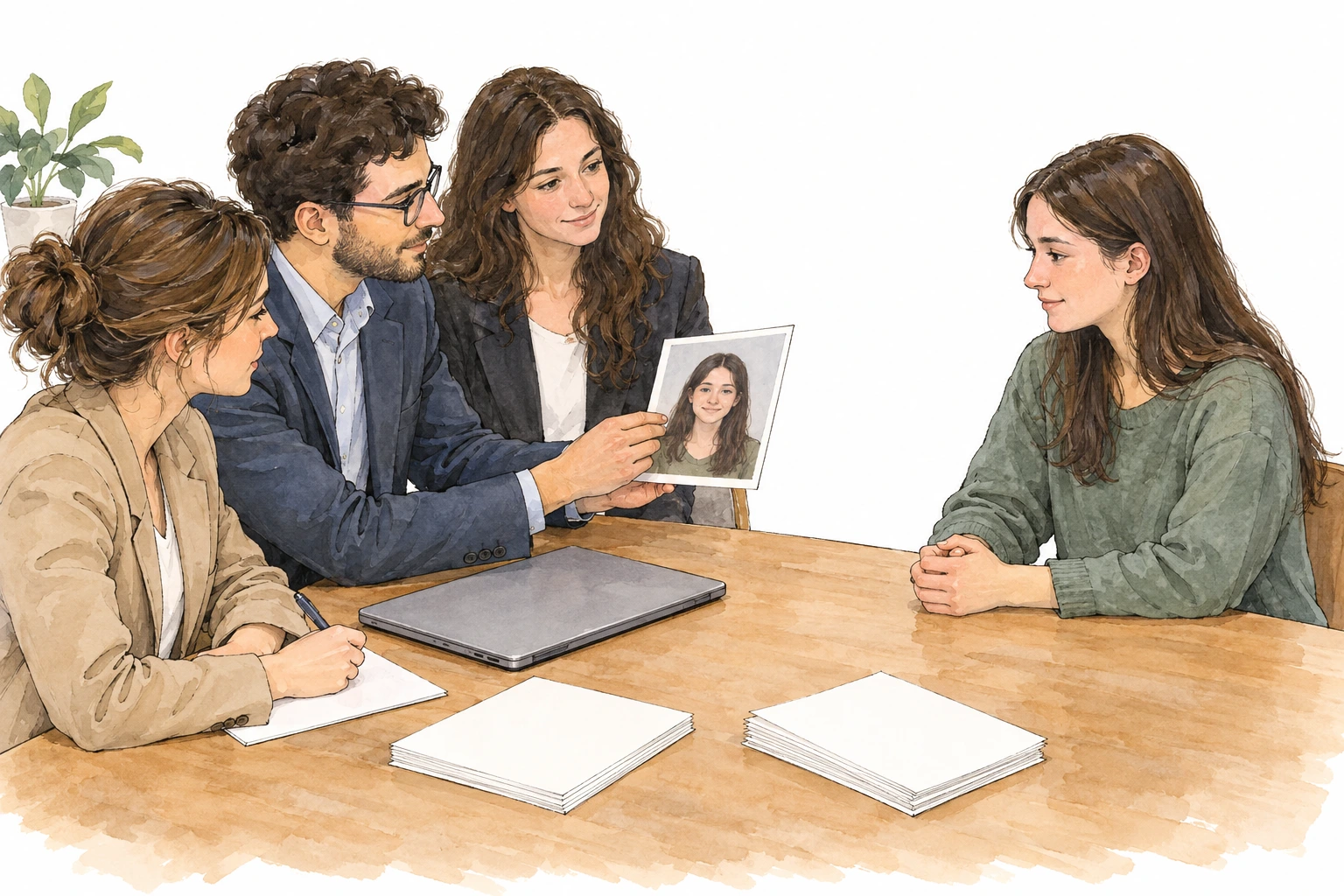 Grupo mostra um retrato em papel à pessoa fotografada, com materiais de publicação ainda sem uso.