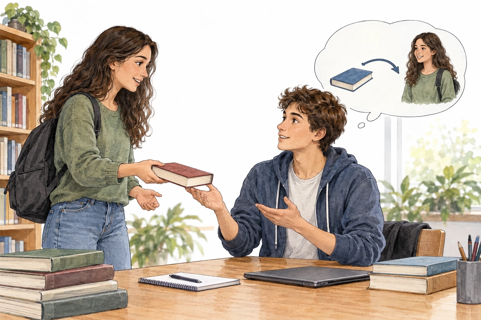 Uma jovem entrega um livro a um colega e recorda outra entrega possível num balão de pensamento.