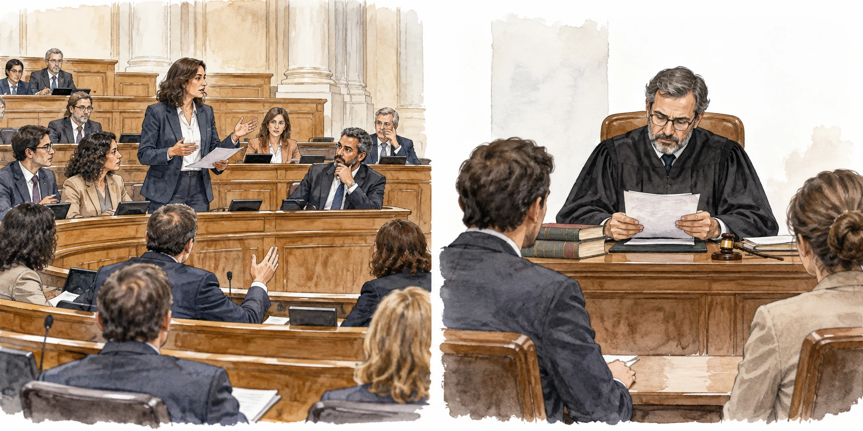 À esquerda, uma assembleia debate uma regra; à direita, um juiz lê documentos num caso concreto.
