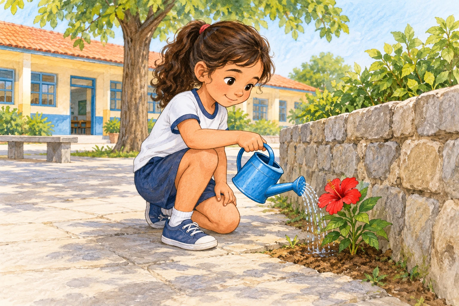 Aluna a regar uma única flor vermelha com um regador azul no pátio escolar.