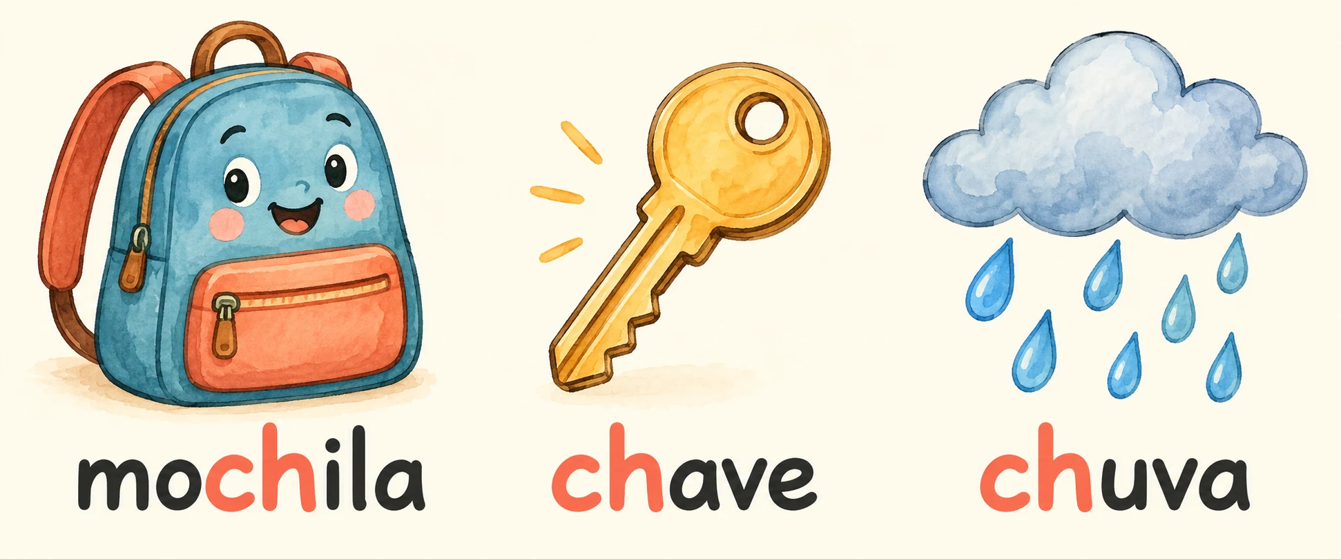 Mochila, chave e chuva com o dígrafo ch destacado nas três palavras.
