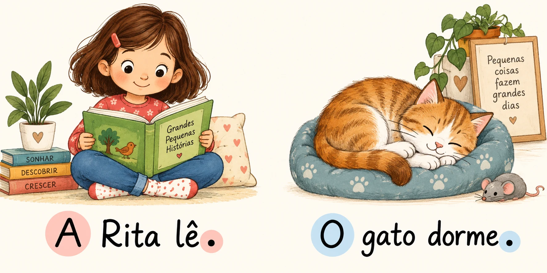 Duas cenas com as frases «A Rita lê.» e «O gato dorme.», cada uma com inicial maiúscula e ponto.