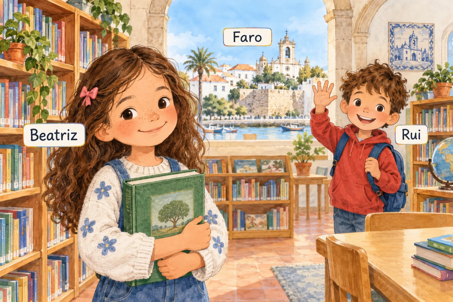 Beatriz e Rui numa biblioteca, com Faro visível ao fundo; os três nomes surgem com inicial maiúscula.