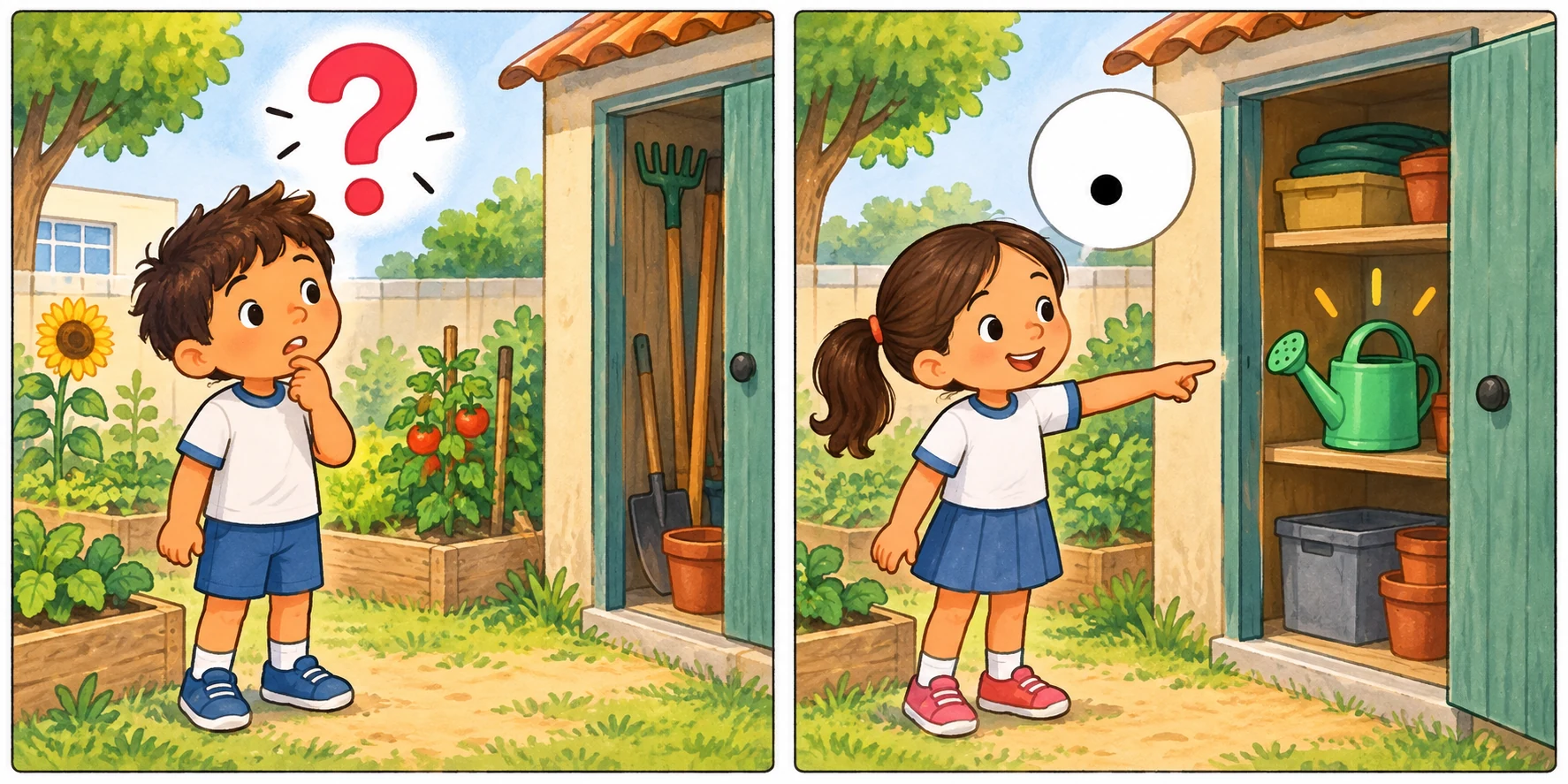 Num jardim escolar, uma criança pergunta pelo regador e outra aponta para ele no armário.