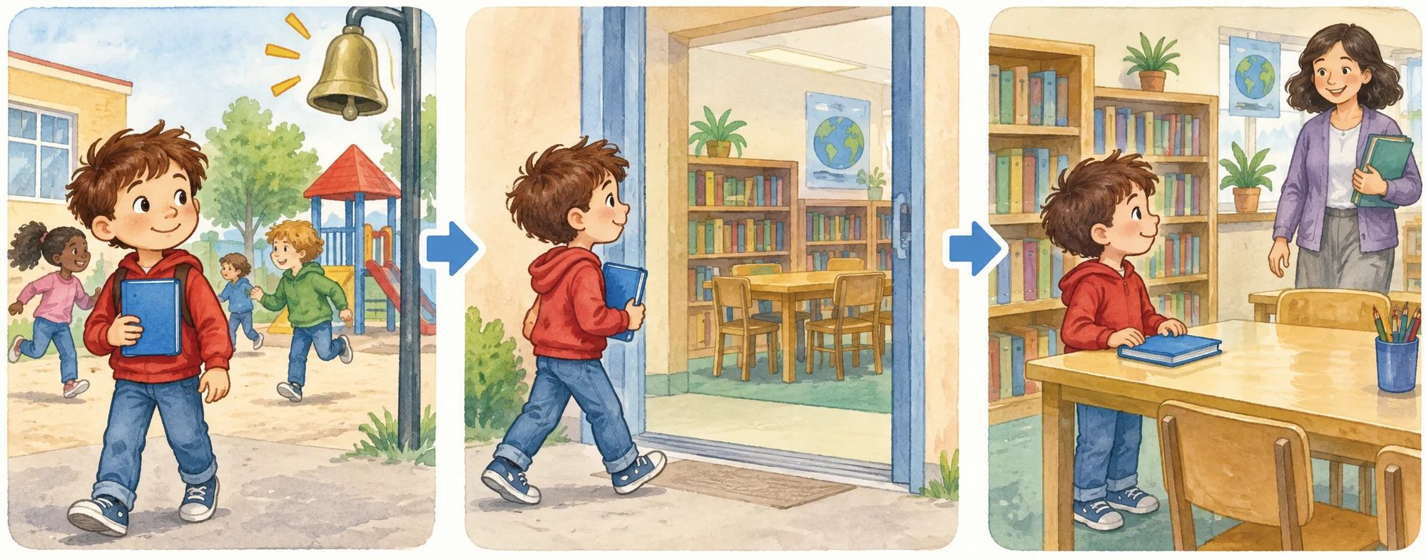 Após o intervalo, uma criança leva um livro azul à mesa da biblioteca e espera pela professora.